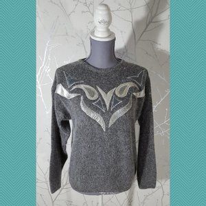 Jessica VTG Gray Silk Angora Blend Aztec Embroidered Sweater